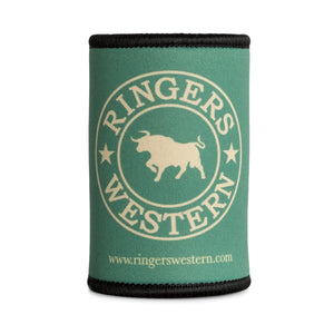 The Ringers Western Signature Bull Stubby is a green can cooler with black trim, showcasing the "Ringers Western" logo in a circular design. The logo features a bull silhouette in the center, flanked by stars, with "www.ringerswestern.com" printed below the circle in smaller text.