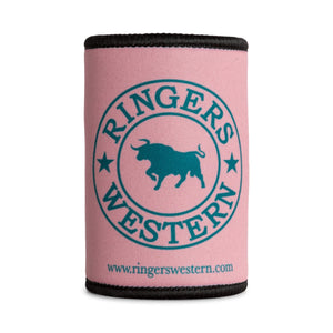 A Ringers Western Signature Bull Stubby Cooler in pink, with black trim, displays the "Ringers Western" logo. The logo features a teal bull at the center, encircled by the text "RINGERS WESTERN" and stars, with the website "www.ringerswestern.com" printed at the bottom.