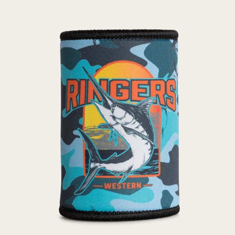 Introducing the Ringers Western Deepwater Stubby, a blue camouflage-patterned drink cooler featuring a majestic marlin against a vibrant sunset, framed by "Ringers Western" for an eye-catching design essential for keeping beverages cold.