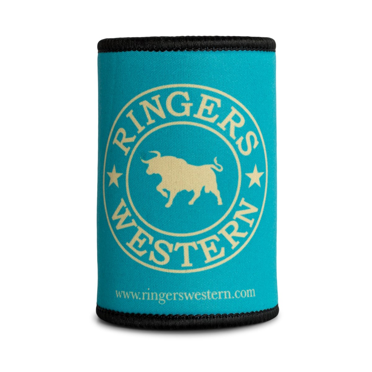 The Ringers Western Signature Bull Stubby, a turquoise drink holder accented with black trim, showcases the "Ringers Western" logo in gold. The logo, featuring a gold silhouette of a bull within a circular emblem, is prominently displayed. At the bottom, the website "www.ringerswestern.com" is printed in black.