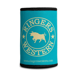 The Ringers Western Signature Bull Stubby, a turquoise drink holder accented with black trim, showcases the "Ringers Western" logo in gold. The logo, featuring a gold silhouette of a bull within a circular emblem, is prominently displayed. At the bottom, the website "www.ringerswestern.com" is printed in black.