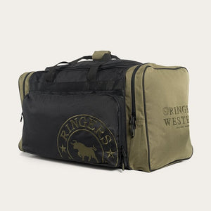 A large Ringers Western Rider Sports Bag in olive green and black, featuring multiple compartments. The front of the sports bag displays the text "Ringers Western" alongside a circular emblem with a bull and stars. It includes both a top handle and shoulder strap for convenient carrying.