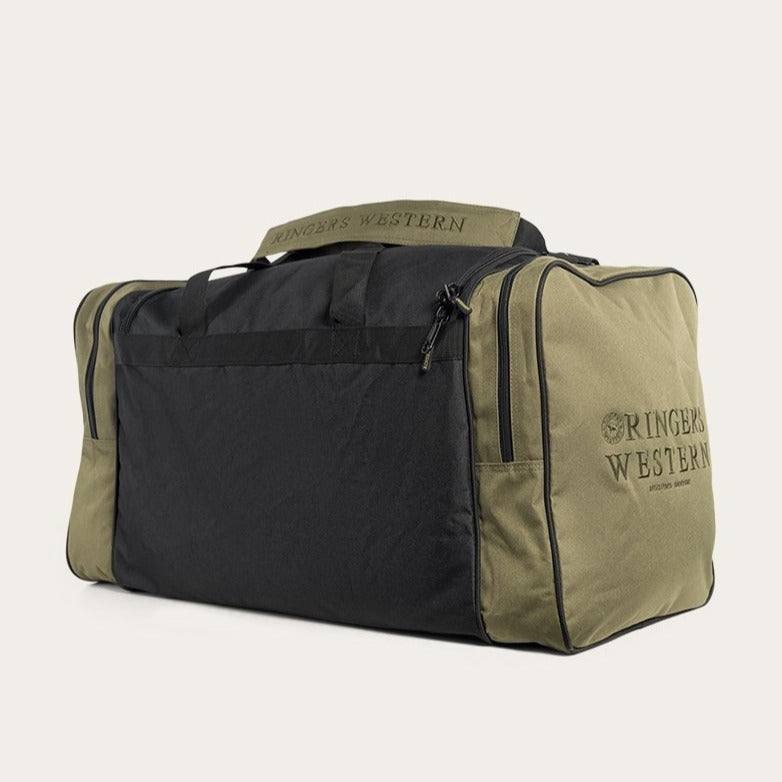 A large rectangular Ringers Western Rider Sports Bag with black and olive green panels, featuring black handles and zippers, with "RINGERS WESTERN" and a logo printed on the side.