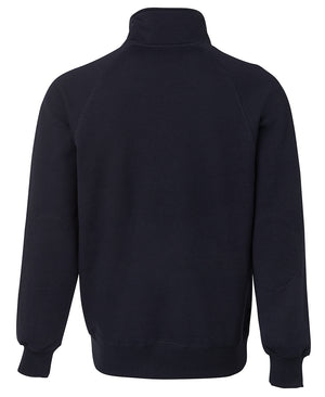 The JBs Full Zip Fleecy is a navy blue fleece jacket characterized by its high collar and long sleeves. The back view showcases simple, solid-colored fabric with two comfortable elbow patches, and the sleeves and hem are finished with ribbed cuffs, making it ideal for a casual look.