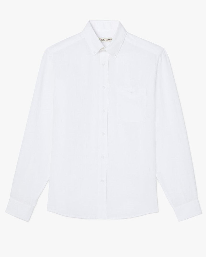 The RM Williams Collins Shirt is a classic, plain white long-sleeve button-up with a collar and single chest pocket, shown on a white background.