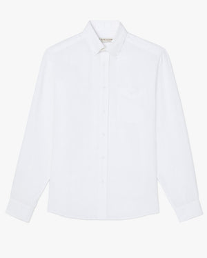 The RM Williams Collins Shirt is a classic, plain white long-sleeve button-up with a collar and single chest pocket, shown on a white background.