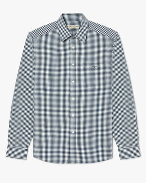 The RM Williams Collins Shirt is a 100% cotton, long sleeve shirt with a black and white mini check pattern, high point collar, and left chest pocket.