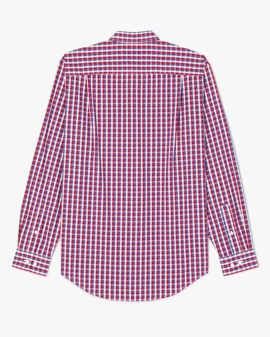 The RM Williams Collins Shirt is a long-sleeve, 100% cotton button-down with a red, white, and blue check pattern, shown from the back on a white background.