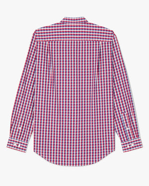 The RM Williams Collins Shirt is a long-sleeve, 100% cotton button-down with a red, white, and blue check pattern, shown from the back on a white background.