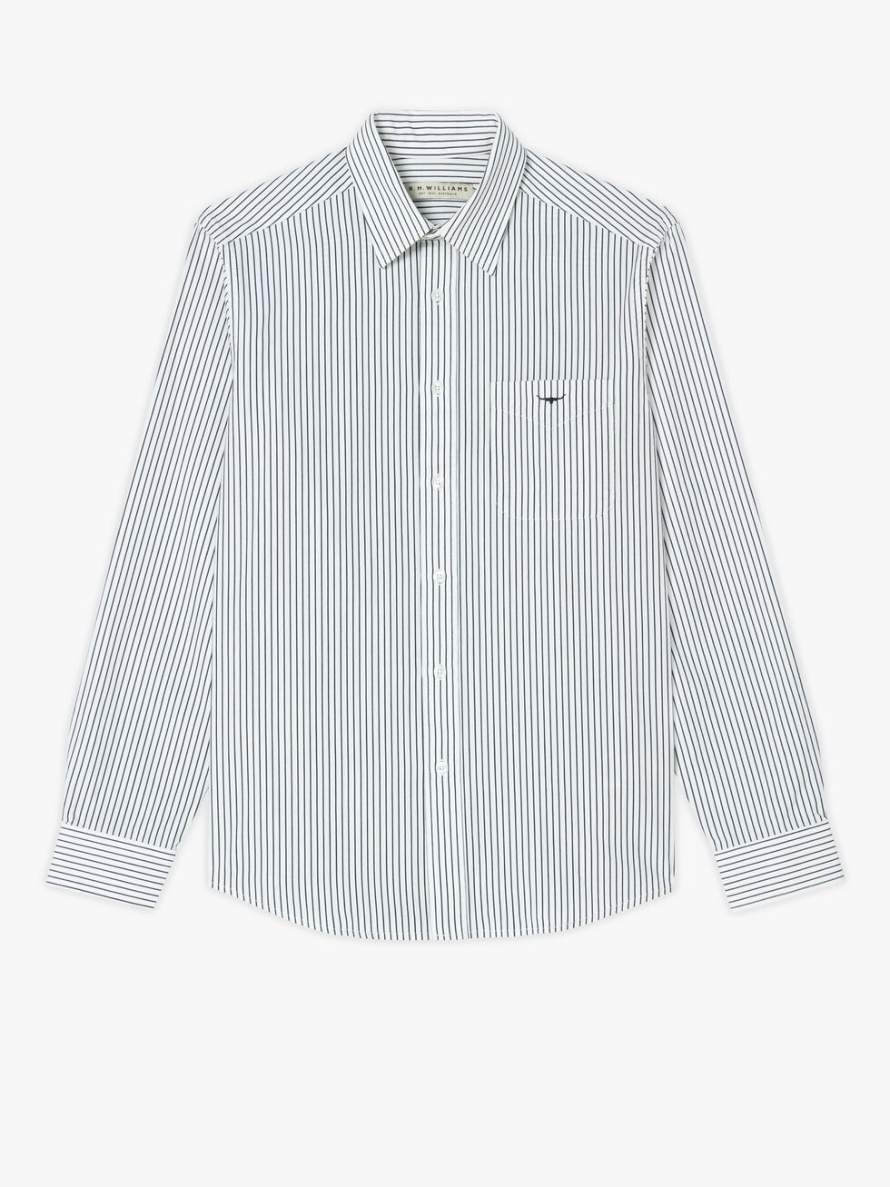 The RM Williams Collins Shirt is crafted from twill cotton with vertical blue and white stripes, featuring Longhorn embroidery. It includes a chest pocket and classic collar, set against a white background.