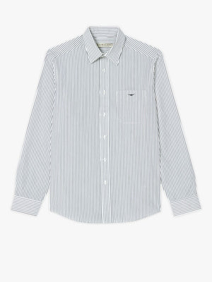 The RM Williams Collins Shirt is crafted from twill cotton with vertical blue and white stripes, featuring Longhorn embroidery. It includes a chest pocket and classic collar, set against a white background.