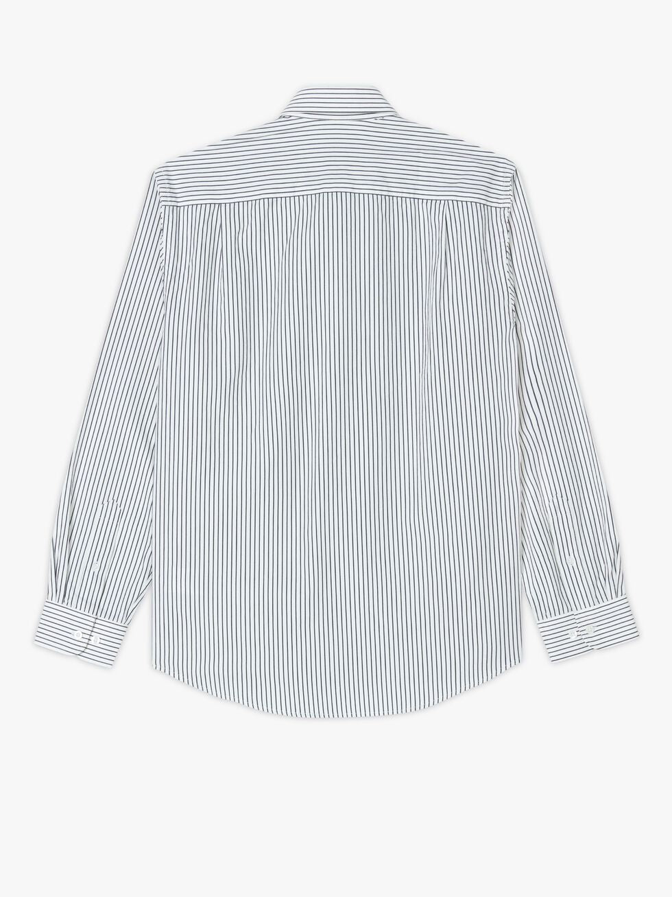 The RM Williams Collins Shirt is a long-sleeved, button-up shirt with vertical green and white stripes on the back. Made from smooth twill cotton, it includes a classic collar and cuffs, suitable for formal or semi-formal occasions.