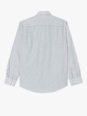 The RM Williams Collins Shirt is a long-sleeved, button-up shirt with vertical green and white stripes on the back. Made from smooth twill cotton, it includes a classic collar and cuffs, suitable for formal or semi-formal occasions.