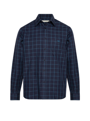 The RM Williams Collins Shirt is a long-sleeved, button-up shirt in a blue and black check pattern with a collar, left chest pocket, and made from 100% cotton for comfort and durability.