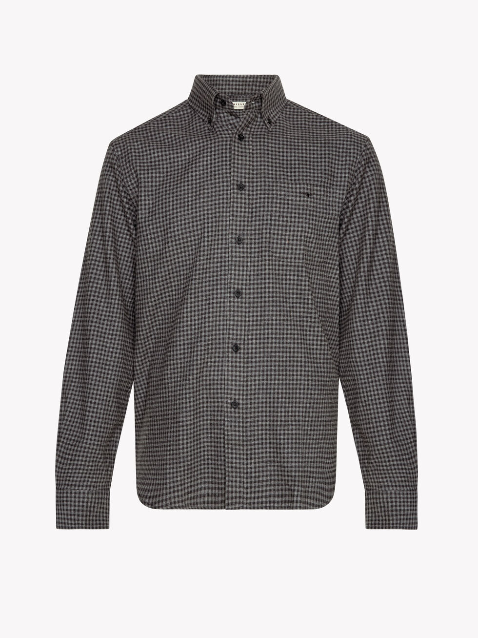 The RM Williams Collins Shirt is a long-sleeved, button-up shirt with a black and white check pattern. Made from soft brushed cotton, it features a collar and buttoned cuffs, shown against a plain white background.