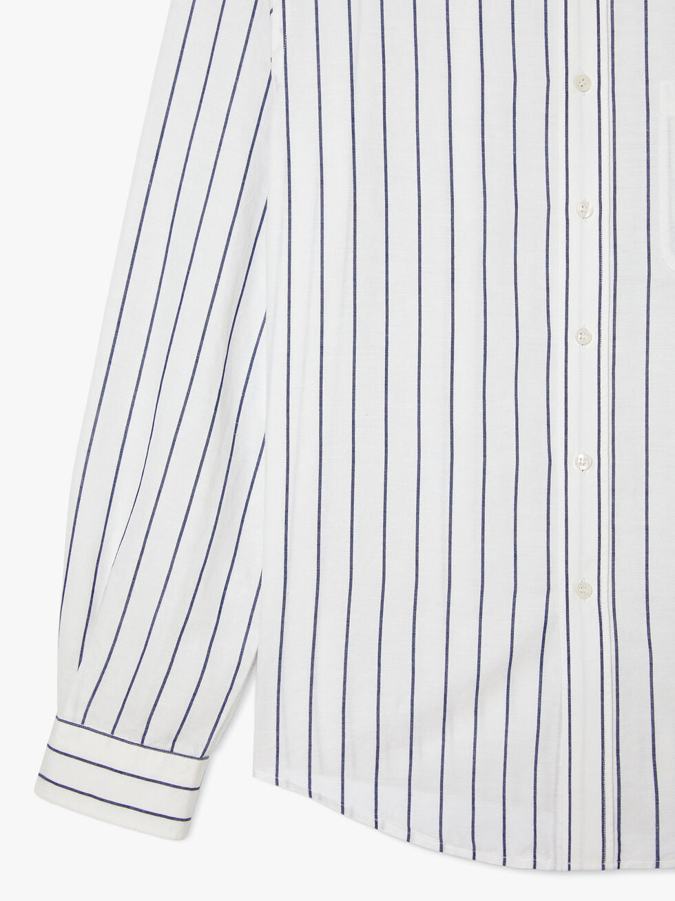 A close-up of the RM Williams Collins Shirt—a stylish, comfortable linen and tencel lyocell blend with vertical navy pinstripes, white buttons, front pocket, and cuffed sleeves.