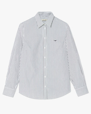 The RM Williams Nicole Shirt is a white, long-sleeved, 100% cotton button-up with vertical black pinstripes, a small black logo on the left chest, pointed collar, and buttoned cuffs.
