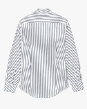 Back view of the RM Williams Nicole Shirt, a long sleeve style with thin vertical black and white stripes. Made from 100% cotton, it features a shoulder yoke and buttoned cuffs for a classic look.
