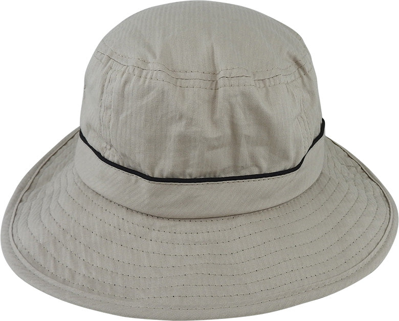The Scala Microfibre Boonie is a light beige, crushable hat with a wide, downward-sloping brim, visible stitching, and a thin dark trim around the crown for added style.