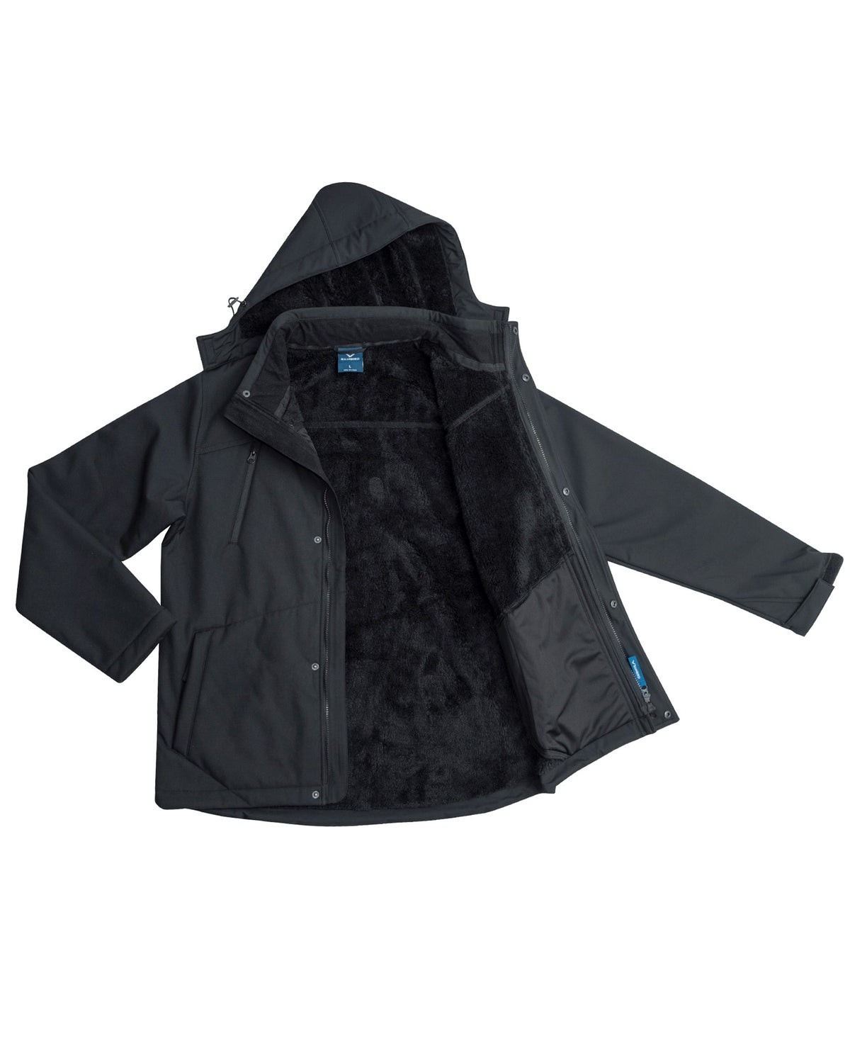 The Rainbird Jones Softshell Sherpa Lined Jacket is shown open, highlighting its soft fleece lining. This black, hooded jacket features UPF 50+, a zip and snap-button closure, and pockets on both sides.