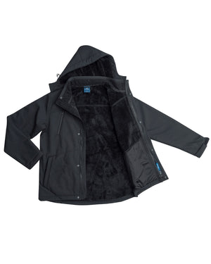 The Rainbird Jones Softshell Sherpa Lined Jacket is shown open, highlighting its soft fleece lining. This black, hooded jacket features UPF 50+, a zip and snap-button closure, and pockets on both sides.