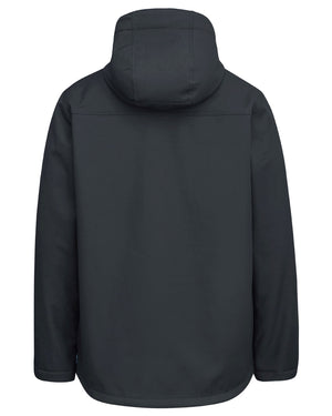The Rainbird Jones Softshell Sherpa Lined Jacket is showcased from the back, highlighting its hood and long sleeves. Made of smooth, waterproof fabric, it offers a simple yet functional design that's perfect for cold weather.