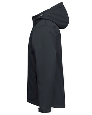 Side view of the Rainbird Jones Softshell Sherpa Lined Jacket in black, featuring a hood up, long sleeves with Velcro cuffs, and a front zipper. This sleek UPF 50+ jacket offers style and weather resistance for optimal protection.