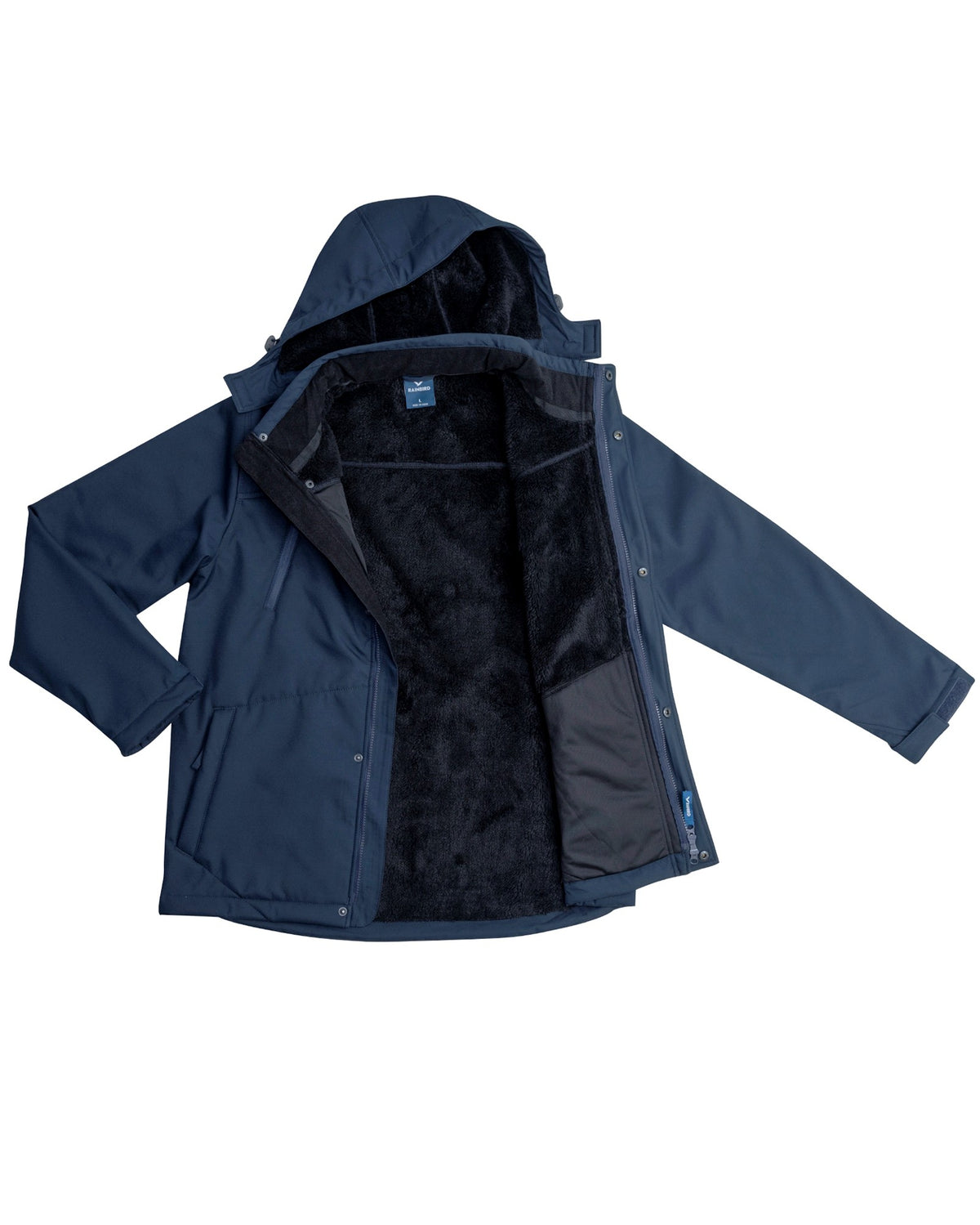 The Rainbird Jones Softshell Sherpa Lined Jacket in navy blue features a detachable hood, black fleece lining, UPF 50+, long sleeves, waterproof fabric, and front pockets, with an open display to show the interior.