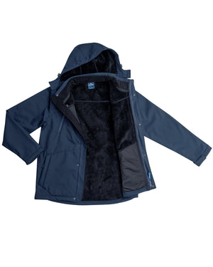 The Rainbird Jones Softshell Sherpa Lined Jacket in navy blue features a detachable hood, black fleece lining, UPF 50+, long sleeves, waterproof fabric, and front pockets, with an open display to show the interior.