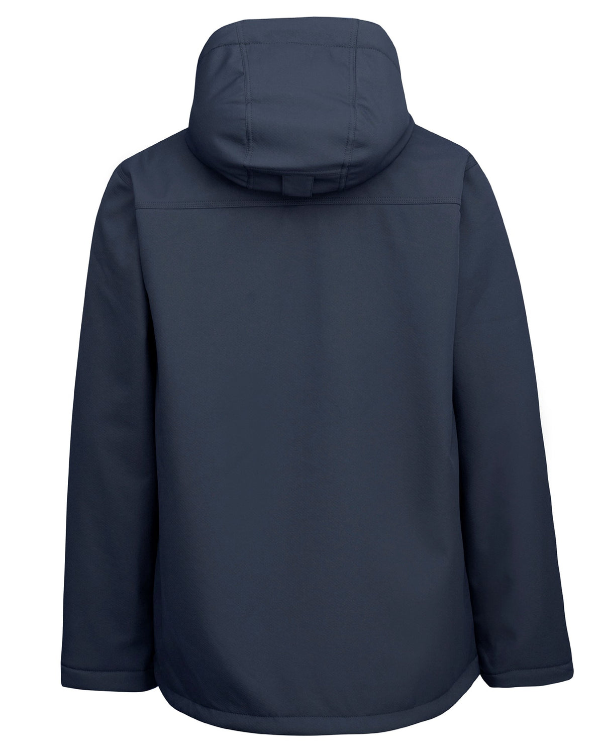 The image shows the back view of a dark blue Rainbird Jones Softshell Sherpa Lined Jacket. It has a simple design with long sleeves, a straight hemline, and an attached hood. The waterproof fabric appears smooth and slightly reflective.