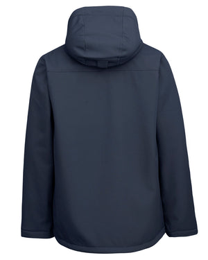 The image shows the back view of a dark blue Rainbird Jones Softshell Sherpa Lined Jacket. It has a simple design with long sleeves, a straight hemline, and an attached hood. The waterproof fabric appears smooth and slightly reflective.