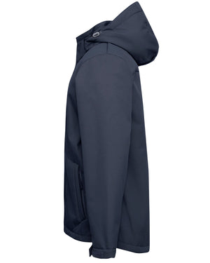 Side view of the Rainbird Jones Softshell Sherpa Lined Jacket in navy blue, highlighting a zippered front and pockets. This waterproof jacket features long sleeves, a slightly fitted design, and button detail on its detachable hood.