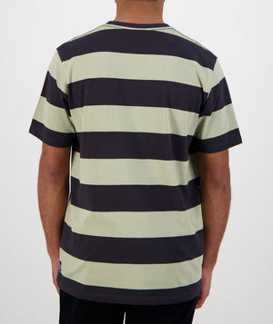 Someone is wearing a short-sleeved, 100% cotton Swanndri Tomarata Stripe Tee with black and pale green horizontal stripes, shown from the back. The clean design complements the plain white background.