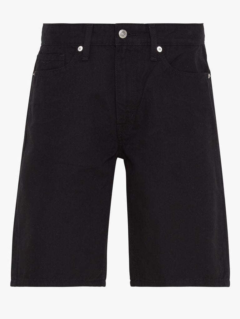 The RM Williams Nicholson Short is a pair of black denim shorts with a regular fit and five pockets, featuring a button closure. Made from 100% cotton, these shorts are adorned with metal rivets on the front pockets and belt loops around the waist for added style and functionality.
