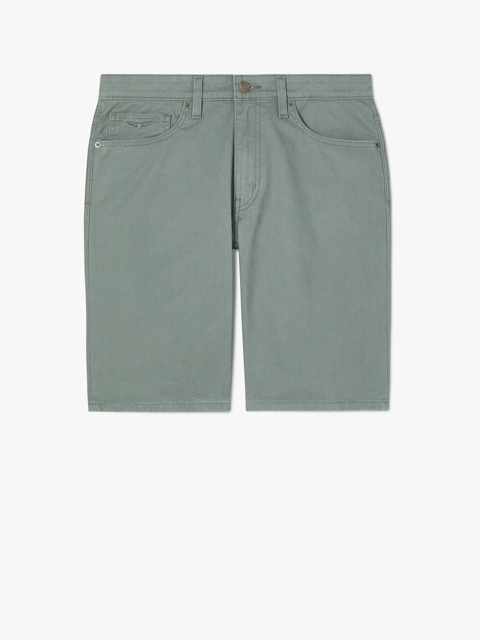 Light green RM Williams Nicholson Shorts lie against a white background, featuring a classic five-pocket design and belt loops, crafted from comfortable cotton.