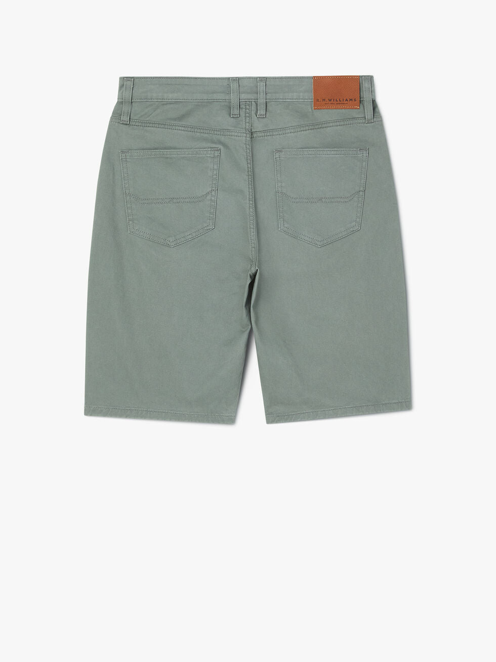 RM Williams Nicholson Short in green cotton features back pockets, belt loops, and a brown leather patch on the waistband, displayed on a white background.