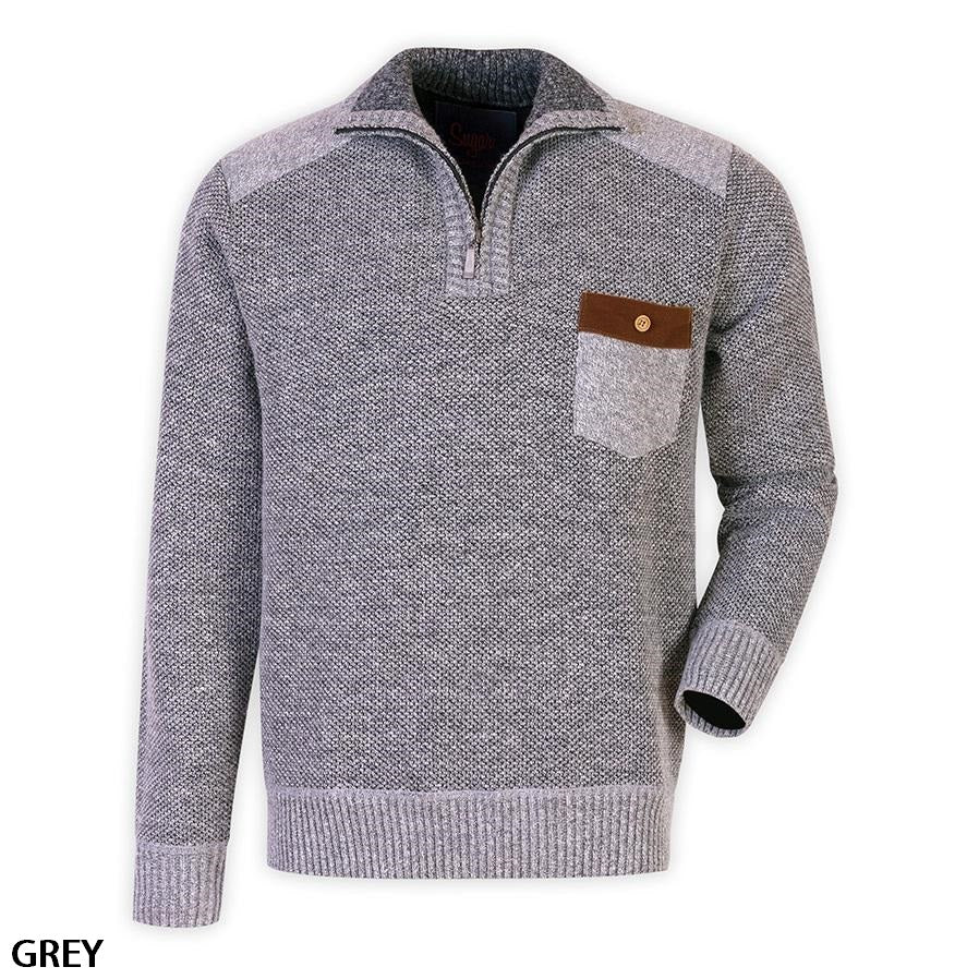 The Sugar Zip Neck Sherpa Lined Knit is a grey sweater featuring a quarter-zip design, textured knit pattern, and a contrasting chest pocket with a brown flap and button. This stylish jumper has sleeves and hem with ribbed cuffs, with the word "GREY" written in the bottom left corner.