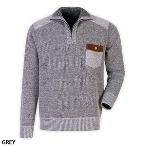 The Sugar Zip Neck Sherpa Lined Knit is a grey sweater featuring a quarter-zip design, textured knit pattern, and a contrasting chest pocket with a brown flap and button. This stylish jumper has sleeves and hem with ribbed cuffs, with the word "GREY" written in the bottom left corner.