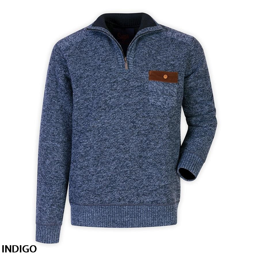Introducing the Sugar Zip Neck Sherpa Lined Knit - a stylish jumper in blue heathered knit featuring a high collar, sherpa lining, and a single brown buttoned chest pocket. The ribbed cuffs and waistband ensure a snug fit, while "INDIGO" is inscribed in black on the bottom left corner.
