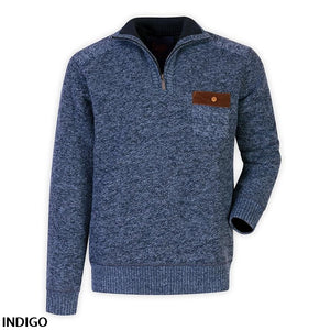 Introducing the Sugar Zip Neck Sherpa Lined Knit - a stylish jumper in blue heathered knit featuring a high collar, sherpa lining, and a single brown buttoned chest pocket. The ribbed cuffs and waistband ensure a snug fit, while "INDIGO" is inscribed in black on the bottom left corner.