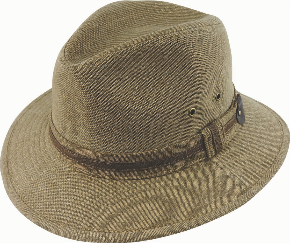 A Scala Washed Cotton Safari hat in khaki with a wide brim and a brown band around the base. It includes metal ventilation eyelets on the side and a cloth strap for securing the hat. This durable, textured, yet comfortable hat is perfect for outdoor activities.