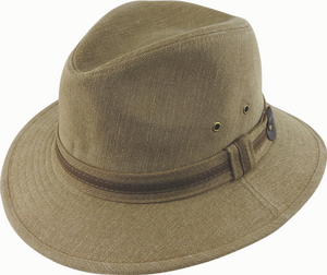 A Scala Washed Cotton Safari hat in khaki with a wide brim and a brown band around the base. It includes metal ventilation eyelets on the side and a cloth strap for securing the hat. This durable, textured, yet comfortable hat is perfect for outdoor activities.