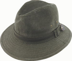 The Scala Washed Cotton Safari hat in green features two metal eyelets on each side and a small, dark-colored snap on one side of the band. This comfortable fabric hat boasts a stitched brim and a pinched crown, making it ideal for casual outings.
