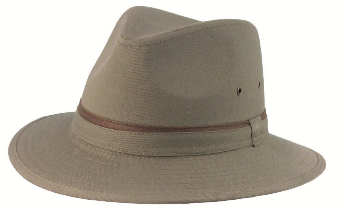 The Dot & Co Cotton Safari is a khaki-colored fedora hat featuring a wide brim and a brown band around the base. It has a structured crown and small ventilation holes on the sides for added comfort. This lightweight, cotton hat is ideal for casual outdoor wear.