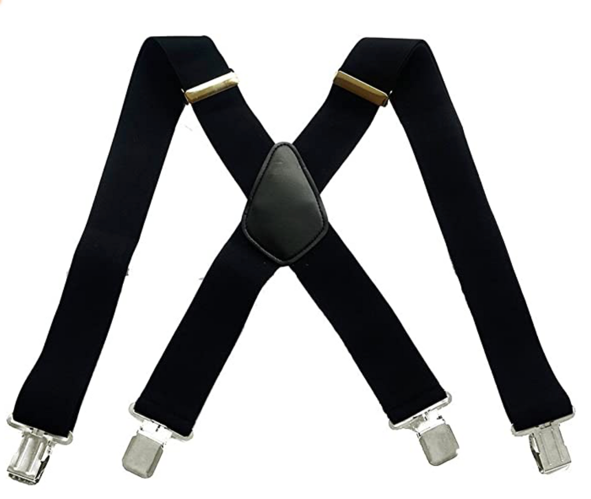 A pair of Braces Extra Support 50mm in black with silver metal clips and an adjustable elastic design, featuring a leather cross-back patch in the center. The heavy-duty braces are laid flat in an "X" shape, ensuring both durability and style.