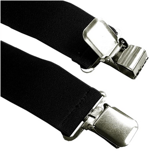 Close-up view of Braces Extra Support 50mm, featuring two black elastic straps with high-quality clasps on the ends, often used for securing fitted bed sheets or as suspenders for clothing. The metal clips are shiny and securely fastened to the adjustable straps.