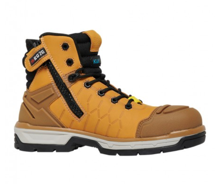 Introducing the King Gee Quantum Safety Boot: this single tan and brown work boot features black laces, a thick white and black sole, and a convenient side zipper. The upper part of the boot showcases an intricate hexagonal pattern design and is branded with "K27B" near the ankle. Additionally, this work boot is equipped with temperature regulating technology to ensure comfort during long hours on the job.