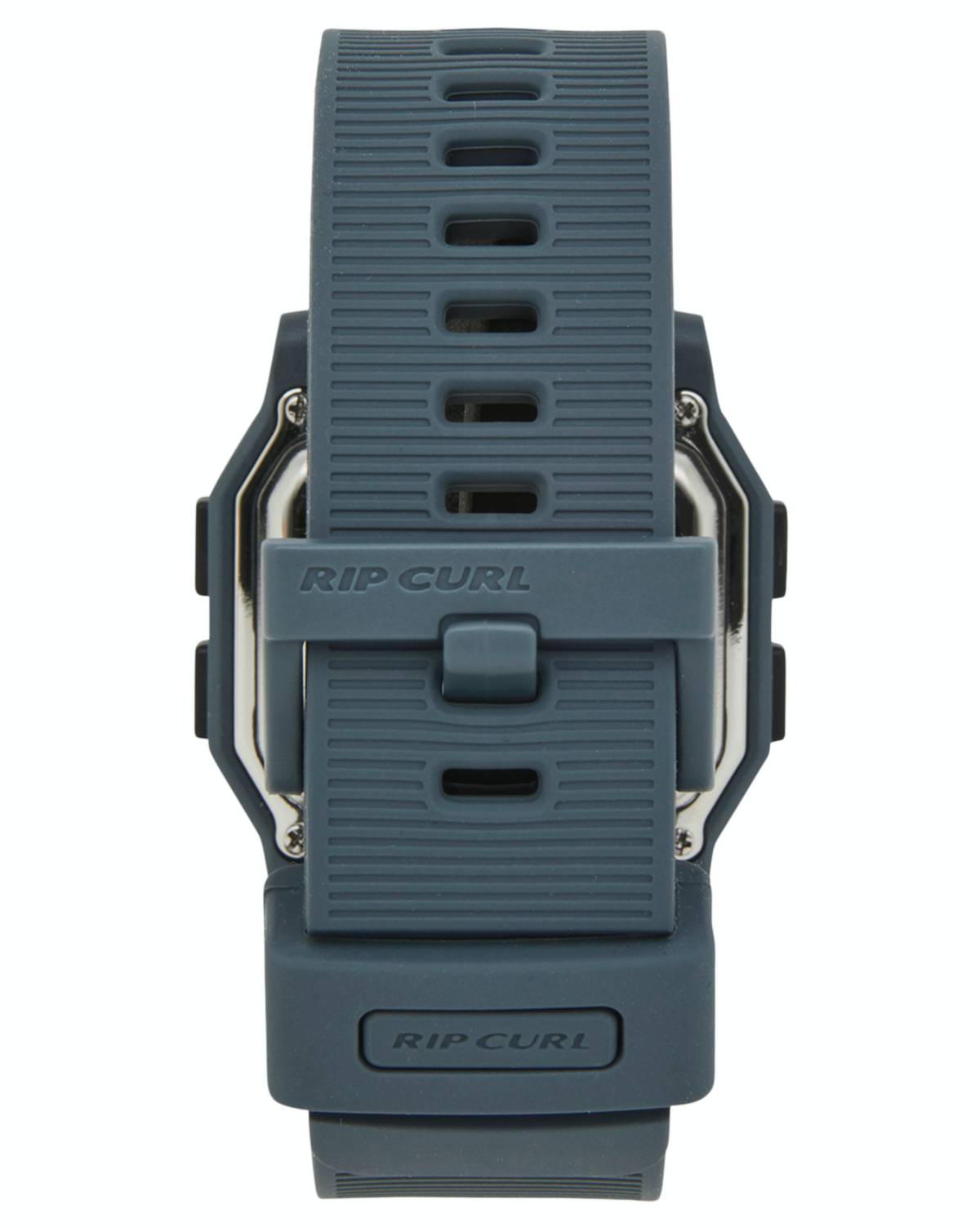 A close-up view of the back of the dark gray Rip Curl Atom Digital Watch, showing a textured, waterproof silicone strap with "RIP CURL" embossed on both the strap and clasp.