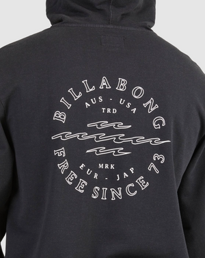 Back of a black Billabong Big Wave Dan Hood features the logo, wavy lines, and "BILLABONG AUS-USA TRD MRK EUR-JAP FREE SINCE 73" in white—ideal as a casual hoodie with soft fleece lining.