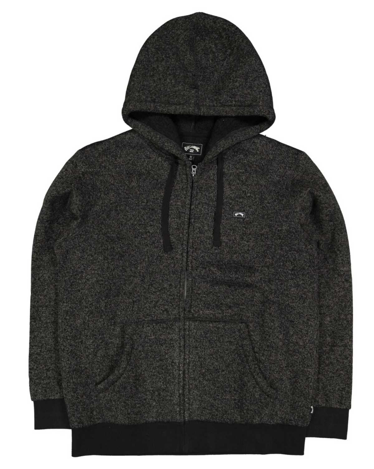 The Billabong Revolt Zip Thru Hood is a dark grey jumper with a hood, black drawstrings, front pockets, an embroidered logo on the left chest, and black cuffs and hem. It’s shown laid flat on a white background.